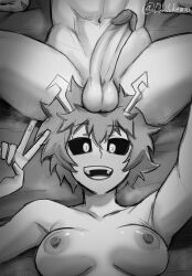 1boy 1boy1girl 1girls areola areolae ashido_mina balls balls_on_head big_breasts big_penis black_sclera boku_no_hero_academia breasts deku devilukez female female_focus greyscale horns huge_cock huge_penis izuku_midoriya male male/female medium_breasts messy_hair mina_ashido my_hero_academia nipples partial_male penis_on_face penis_on_hair penis_on_head scar_on_hand short_hair testicles testicles_on_face v v_sign