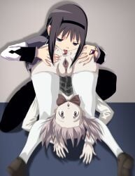 2girls akemi_homura anilingus anus arm_support ass black_hair bleedor blurry female_only folded forced forced_yuri hair_down hands_on_ass jewel licking_anus loafers madoka_kaname magical_girl mahou_shoujo_madoka_magica on_one_knee open_anus piledriver_position pink_eyes pink_hair purple_eyes pussy rimjob rimming saliva school_uniform skirt skirt_around_belly soul_gem spread_pussy squatting thighhighs time_stop tongue tongue_out upside-down yuri