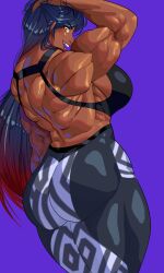 big_breasts big_thighs blue_hair breasts cinkoji dark-skinned_female dark_skin female gradient_hair muscle muscles muscular muscular_arms muscular_back muscular_female muscular_thighs pants red_hair skin_tight smile smiling solo solo_female thighs tight_clothing yellow_eyes