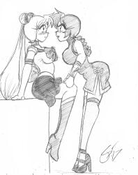 2girls bishoujo_senshi_sailor_moon clothing crossover dress escafa female female_only fully_clothed medium_breasts monochrome multiple_girls pre-transformation ranma-chan ranma_1/2 ranma_saotome sailor_moon sketch skirt stockings transformation usagi_tsukino