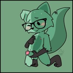 1:1 anthro balls bite biting_lip biting_own_lip blush canid canine digital_media_(artwork) erection eyewear fox fur genitals glasses green_body green_fur hi_res male male_only mammal masturbation mint_mobile minty_(mint_mobile) muffinlewds nipple_fetish nipple_play nipples nude one_eye_closed penile penile_masturbation penis simple_background solo solo_male