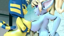 1boy 2girls 3d 3d_(artwork) 3d_model angry animal_crossing ankha ankha_(animal_crossing) ankha_(hazeker) anthro asymmetrical_docking big_breasts breasts curvy doubutsu_no_mori furry hazeker league_of_legends nairu_(doubutsu_no_mori) nicholaideus nintendo paizuri penis poppy riot_games shortstack voluptuous yordle