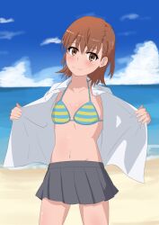 1girls 2020s 2022 :) alternate_costume bare_thighs beach bikini blush breasts brown_eyes brown_hair brunette cloud collarbone day female looking_at_viewer matching_hair/eyes midriff miniskirt misaka_mikoto navel ocean official_alternate_costume open_clothes open_shirt outdoors sand school_uniform schoolgirl shirt short_hair skirt sky small_breasts smile solo striped_bikini stripes swimsuit swimsuit_under_clothes tabu teenage_girl teenager thighs to_aru_kagaku_no_railgun to_aru_majutsu_no_index undressing water young