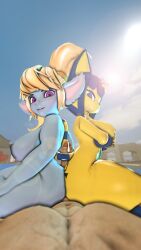 1boy 2girls 3d 3d_(artwork) 3d_model animal_crossing ankha ankha_(animal_crossing) ankha_(hazeker) anthro ass big_ass big_breasts breasts buttjob collaborative_buttjob double_buttjob doubutsu_no_mori furry hazeker league_of_legends male/female nairu_(doubutsu_no_mori) nicholaideus nintendo nipples penis poppy shortstack tailjob thick_thighs wide_hips yordle