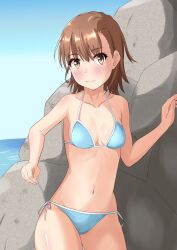 1girls 2020s 2023 :) against_rock bare_shoulders bare_thighs bikini blue_bikini blue_swimsuit blush breasts brown_eyes brown_hair brunette collarbone day female hi_res hips matching_hair/eyes midriff misaka_mikoto navel ocean outdoors rock short_hair sky small_breasts smile solo standing string_bikini swimsuit tabu teenage_girl teenager thighs to_aru_kagaku_no_railgun to_aru_majutsu_no_index water young