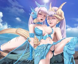 2girls acier_silva armor bangs beach big_breasts black_clover black_panties boob_window breasts cleavage cleavage_cutout crown curvy female female_only gloves hi_res horn horns large_breasts long_hair looking_at_viewer milf mother_and_daughter navel noelle_silva older_female outdoors outside panties ponytail purple_eyes seductive shiny_skin silver_hair spread_legs stomach teenager the_amazing_gambit thick_thighs thighhighs thong tongue twintails