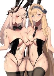 2girls arknights blonde_hair blue_eyes blush blush_lines bowtie braid braided_hair breast_squeeze bunny_ears bunnysuit collarbone detached_collar ear_ring embarrassed eyebrows_visible_through_hair female female_only hairy_pussy half-closed_eyes hands_behind_back hands_on_ass headband highres horns large_breasts leotard long_ears mostly_nude mudrock_(arknights) multiple_girls navel necktie open_mouth red_eyes saileach_(arknights) see-through_clothing silver_hair slim_waist squished_breasts stockings sweat sweatdrop taiyo360 thick_thighs transparent_bunnysuit