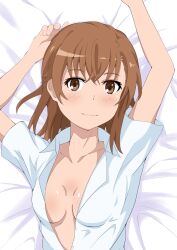 1girls 2020s 2023 :) arms_above_head bed_sheet blush breasts brown_eyes brown_hair brunette collarbone female looking_at_viewer matching_hair/eyes misaka_mikoto no_bra on_back open_clothes open_shirt shirt short_hair sideboob small_breasts smile solo tabu teenage_girl teenager to_aru_kagaku_no_railgun to_aru_majutsu_no_index upper_body young