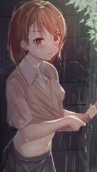 1girls 2020s 2022 absurd_res blush brown_eyes brown_hair clothed clothed_female female hi_res lifted_by_self looking_at_viewer matching_hair/eyes midriff misaka_mikoto navel open_mouth outdoors raining school_uniform schoolgirl shirt_lift short_hair solo standing tazina teenage_girl teenager to_aru_kagaku_no_railgun to_aru_majutsu_no_index tokiwadai_school_uniform wet young