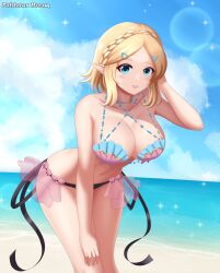 beach bent_over big_breasts bikini bikini_bottom bikini_top blonde_hair blue_eyes bow breasts cleavage corrin_(female)_(fire_emblem)_(cosplay) halterneck hand_behind_head hylian hylian_ears large_breasts nintendo patdarux patdarux_dream pointy_ears princess_zelda shell short_hair tears_of_the_kingdom the_legend_of_zelda water zelda_(tears_of_the_kingdom)