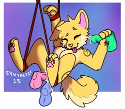 anthro bondage bondage bound canid canine canis curled_tail disembodied_penis domestic_dog female foursome fur genitals group group_sex hi_res male mammal penis sex smile solo suspension suspension_bondage synthet1c tail yellow_body yellow_fur