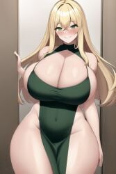 adeline_(oc) ai_generated big_breasts blonde_hair blush female female_only green_dress green_eyes high_slit_dress large_breasts nai_diffusion self_upload smile thick_thighs weedvee420