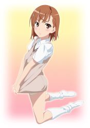 10s 1girls 2012 :< bare_thighs blush brown_eyes brown_hair female frown full_body hair_ornament hairpin hi_res kneehighs kneeling long_legs looking_at_viewer loose_socks matching_hair/eyes misaka_mikoto mostly_clothed no_skirt school_uniform schoolgirl shirt_tug short_hair shorts skirt_removed smile_(rz) socks solo sweater_vest teenage_girl teenager thighs to_aru_kagaku_no_railgun to_aru_majutsu_no_index tokiwadai_school_uniform white_socks young