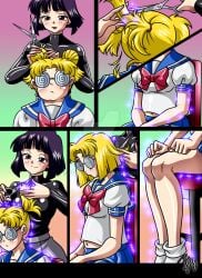 2girls ass bishoujo_senshi_sailor_moon breasts clothing comic fat female glasses haircut hotaru_tomoe kyo-domesticfucker pre-transformation skin_tight skirt small_breasts thick_thighs transformation usagi_tsukino weight_loss wide_hips