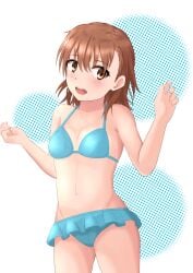 1girls 2020s 2022 :) bare_shoulders bare_thighs bikini blue_bikini blue_swimsuit blush breasts brown_eyes brown_hair brunette collarbone female frilled_bikini frills hair_flower hair_ornament hips looking_to_the_side matching_hair/eyes midriff misaka_mikoto navel short_hair simple_background small_breasts smile solo standing swimsuit tabu teenage_girl teenager thighs to_aru_kagaku_no_railgun to_aru_majutsu_no_index water young