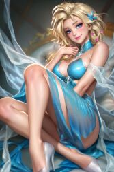 1girls blonde_hair blue_dress blue_eyes disney dress elsa_(frozen) female female_only frozen_(film) heels high_heels neoartcore pink_lipstick sitting sitting_down smile smiling_at_viewer solo_female