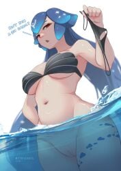 1girls :o absurdres adapted_costume annoyed armpits artist_name bao_(vtuber) bao_(vtuber)_(1st_costume) bikini bikini_bottom_removed black_bikini blue_hair blue_nails blurry blush body_markings bottomless breasts chestnut_mouth cleft_of_venus commentary cowboy_shot depth_of_field dutch_angle english_commentary english_text female fingernails from_below gradient_hair half-closed_eyes hand_on_own_hip hand_up highres holding holding_clothes holding_swimsuit indie_virtual_youtuber large_breasts light-skinned_female light_skin long_fingernails long_hair looking_at_viewer low_twintails multicolored_hair myth1c nail_polish navel nipples nude open_mouth outdoors partially_submerged partially_underwater_shot patreon_logo pixiv_logo pussy red_eyes simple_background solo standing streaked_hair swimsuit thick_thighs thighs thong_bikini twintails twitter_logo uncensored underwater v-shaped_eyebrows variant_set very_long_hair virtual_youtuber water whale_girl white_background wide_hips