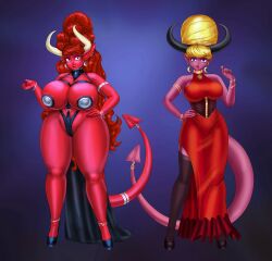 2demons 2girls beehive_hairdo big_hair bishoujo_senshi_sailor_moon bondage bouffant_hair clothing corruption crossover demon demon_girl demon_horns demon_tail dress enemy_conversion female female_only garter_straps high_heels huge_ass huge_breasts implied_transformation large_breasts leash lingerie multiple_girls navel navel_piercing ranma-chan ranma_1/2 ranma_saotome red_skin saturnxart succubus teased_hair thick_lips thick_thighs transformation updo usagi_tsukino wide_hips