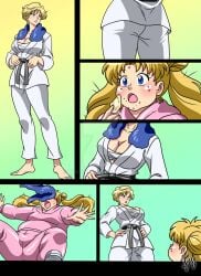 2girls bishoujo_senshi_sailor_moon chest_wraps clothing comic fat female haruka_tenou huge_ass huge_breasts kyo-domesticfucker large_breasts pre-transformation thick_thighs transformation usagi_tsukino wide_hips