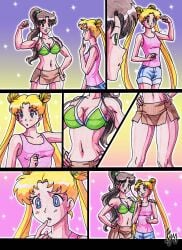 bishoujo_senshi_sailor_moon bra clothing comic female kyo-domesticfucker large_breasts makoto_kino midriff muscular muscular_female navel pre-transformation shorts skirt small_breasts transformation usagi_tsukino wide_hips