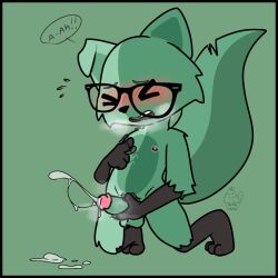 >_< 1:1 anthro balls blush bodily_fluids canid canine closed_eyes cum cumshot dialogue digital_media_(artwork) ejaculation erection eyewear fox fur genital_fluids genitals glasses green_body green_fur hi_res kneeling looking_pleasured male male_only mammal masturbation mint_mobile minty_(mint_mobile) moaning muffinlewds nipple_fetish nipple_play nipples nude open_mouth orgasm penile penile_masturbation penis simple_background solo solo_male speech_bubble text