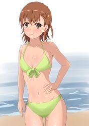 1girls 2020s 2022 :) alternate_breast_size bare_shoulders beach bikini blush breasts brown_eyes brown_hair collarbone female green_bikini_top green_swimsuit large_breasts matching_hair/eyes midriff misaka_mikoto navel ocean outdoors sand short_hair smile solo standing swimsuit tabu teenage_girl teenager to_aru_kagaku_no_railgun to_aru_majutsu_no_index water young