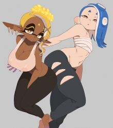 2girls ass bandaged_chest big_ass big_breasts blue_hair breast_size_difference breasts chocolate_and_vanilla dark-skinned_female dark_skin deep_cut_(splatoon) female frye_(splatoon) gold_eyes horny huge_ass huge_breasts inkling large_ass light-skinned_female light_skin long_ears looking_at_viewer naughty_face nintendo octoling pointy_ears red_eyes shiver_(splatoon) small_breasts splatoon splatoon_(series) splatoon_3 sports_bra sportswear tentacle_hair yellow_hair yoga_pants yuta_agc