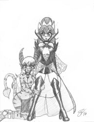 2girls bishoujo_senshi_sailor_moon clothing corruption dark_persona demon demon_girl demon_horns demon_tail demon_wings drawn enemy_conversion escafa female female_only fully_clothed large_ass large_breasts leash monochrome multiple_girls personality_change post_transformation ranma-chan ranma_1/2 ranma_saotome sex_slave sketch small_breasts story_at_source succubus thigh_boots transformation usagi_tsukino