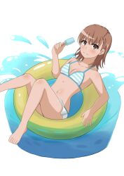 1girls 2020s 2022 :) bare_legs bare_shoulders barefoot bikini blush breasts brown_eyes brown_hair brunette cleavage collarbone female holding_object ice_cream innertube looking_at_viewer matching_hair/eyes midriff misaka_mikoto navel short_hair small_breasts smile solo striped_bikini stripes swimsuit tabu teenage_girl teenager to_aru_kagaku_no_railgun to_aru_majutsu_no_index toes water white_background young