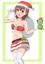 1girls 2020s 2022 :o bare_shoulders bare_thighs belt blush brown_eyes brown_hair brunette christmas cleavage collarbone female gekota looking_at_viewer matching_hair/eyes midriff miniskirt misaka_mikoto navel open_mouth open_smile santa_hat short_hair skirt smile socks solo standing tabu teenage_girl teenager thigh_socks thighhighs thighs to_aru_kagaku_no_railgun to_aru_majutsu_no_index white_socks young