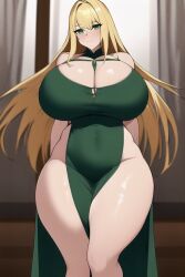 adeline_(oc) ai_generated big_breasts blonde_hair female female_only green_dress green_eyes high_slit_dress large_breasts nai_diffusion necklace self_upload thick_thighs weedvee420