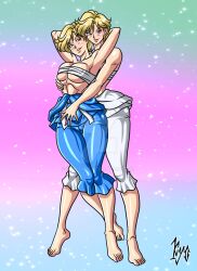 2girls bishoujo_senshi_sailor_moon chest_wraps clothing female female_only haruka_tenou huge_ass huge_breasts identity_death kyo-domesticfucker large_ass large_breasts multiple_girls personality_change pre-transformation sarashi thick_thighs transformation twinning usagi_tsukino wide_hips