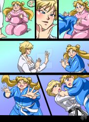 2girls bishoujo_senshi_sailor_moon chest_wraps clothing comic fat female haruka_tenou huge_ass huge_breasts kyo-domesticfucker large_ass large_breasts pre-transformation sarashi thick_thighs transformation usagi_tsukino wide_hips