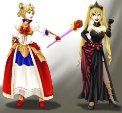 2girls bishoujo_senshi_sailor_moon cleavage clothing corruption dark_persona dress enemy_conversion female female_only fieryjinx high_heels large_breasts sailor_moon side_slit tagme usagi_tsukino