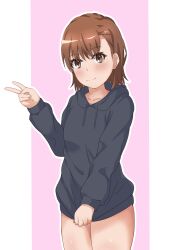 1girls 2020s 2023 :) bare_thighs black_hoodie blush bottomless brown_eyes brown_hair brunette casual collarbone female hi_res hoodie hoodie_only hoodie_pull matching_hair/eyes misaka_mikoto peace_sign short_hair smile solo standing tabu thick_thighs thighs to_aru_kagaku_no_railgun to_aru_majutsu_no_index v