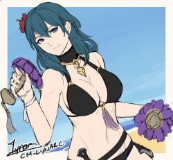 1girls alternate_costume bare_arms bare_shoulders bikini black_bikini black_choker black_swimsuit blue_eyes blue_hair blue_sky border breasts byleth_(female)_(summer)_(fire_emblem) byleth_(fire_emblem) byleth_(fire_emblem)_(female) choker cleavage cm_lynarc commentary day female female_only fire_emblem fire_emblem:_three_houses fire_emblem_heroes flower grey_border hair_flower hair_ornament hand_up holding long_hair looking_at_viewer navel nintendo official_alternate_costume outside_border red_flower sketch sky smile solo stomach swimsuit teal_hair upper_body