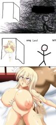 1boy 1girls 3koma big_breasts blonde_hair dark-skinned_male dark_skin edjarit-117 english_text huge_breasts leo_(senran_kagura) light-skinned_female light_skin meme omg_hi! senran_kagura tagme text