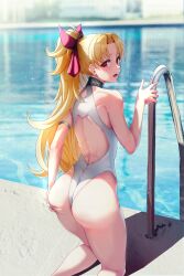 1girls alternate_hairstyle armlet ass ass_grab back backless_swimsuit bare_shoulders blonde_hair blush competition_swimsuit day ereshkigal_(fate) fate/grand_order fate_(series) feet_out_of_frame from_behind grabbing_own_ass hair_up highleg highleg_swimsuit highres kneeling long_hair looking_at_viewer looking_back one-piece_swimsuit open_mouth outdoors parted_bangs ponytail pool pool_ladder poolside red_eyes sleeveless solar_(happymonk) solo swimsuit teeth thighs tongue water