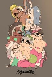 6girls alternate_breast_size big_ass big_breasts black_hair blue_hair bodypaint breast_size_difference breasts brown_hair callie_(splatoon) cephalopod_humanoid chubby dark-skinned_female dark_skin deep_cut_(splatoon) female flat_colors frye_(splatoon) green_eyes grey_hair hair_over_one_eye huge_ass huge_breasts humanoid inkling large_breasts light-skinned_female light_skin long_hair looking_at_viewer marie_(splatoon) marina_(splatoon) medium_breasts medium_hair nintendo nipples_covered octoling off_the_hook_(splatoon) pearl_(splatoon) pointy_ears red_eyes shiver_(splatoon) short_hair simple_background slim_waist splatoon splatoon_(series) splatoon_2 splatoon_3 squid_sisters tentacle_hair thick_thighs topless voluptuous white_hair wide_hips yellow_eyes yellow_hair yuta_agc