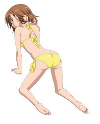 10s 1girls 2010 all_fours ass ass_cleavage bare_back bare_legs bare_shoulders barefoot bikini brown_eyes brown_hair butt_crack feet female from_behind hi_res legs long_legs looking_back matching_hair/eyes misaka_mikoto short_hair shoulder_blades side-tie_bikini_bottom sideboob smile_(rz) soles solo swimsuit teenage_girl teenager to_aru_kagaku_no_railgun to_aru_majutsu_no_index toes vector_trace white_background yellow_bikini yellow_swimsuit young