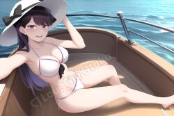 1girls 2d ai_generated ass bangs bikini boat cleavage color dark_purple_hair female female_only gradient_hair hat in_boat komi-san_wa_komyushou_desu komi_shouko light-skinned_female light_skin long_hair nai_diffusion open_mouth purple_eyes sitting solo stable_diffusion teeth watermark white_bikini