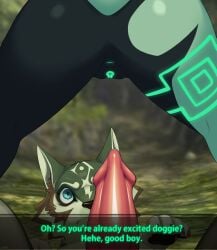 1boy 1boy1girl 1girls 2023 anus ass black_body black_nose black_skin blue_eyes body_markings canine canine_penis female glowing_genitalia glowing_markings glowing_pussy green_body green_skin imminent_sex imp_midna male midna nintendo penis pussy the_legend_of_zelda thehumancopier twilight_princess two_tone_body two_tone_skin vagina wolf_link