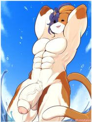 1boy alternate_version_available anthro armpits arms_behind_head arms_up balls beach big_balls big_penis blue_sky blush bodybuilder calico_cat cat_ears cat_humanoid cat_tail dick erection feline feline_humanoid fit_male fortnite fortnite:_battle_royale furry genitals huge_cock joshopaisen looking_at_viewer looking_down male male_only mammal meowscles_(fortnite) muscular muscular_male naked nude nude_male penis posing pubic_hair purradise_meowscles summer veiny_penis water