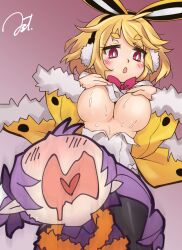 alternate_version_available astjiete breasts bunny_ears bunny_girl bunnysuit covering_breasts disgaea disgaea_5 exposed_breasts large_breasts majorita_(disgaea) nippon_ichi_software sweat usalia_(disgaea)