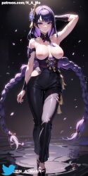 ai_generated arms_behind_back belt black_background black_pants blush braid breasts choker full_body genshin_impact hair_ornament half-dressed half_naked high-waist_pants looking_at_viewer n_a_me nipples pants purple_eyes purple_hair raiden_shogun simple_background smile smiling