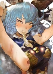 1girls areolae armpit_fetish armpits arms_up blue_hair breasts condom female ferry_(granblue_fantasy) granblue_fantasy hero_neisan long_hair looking_at_viewer medium_breasts naughty_face nipples smelly_armpits smile steam steaming_body stray_pubic_hair sweat sweaty_body used_condom used_condom_in_mouth yellow_eyes