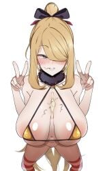 after_sex alternate_version_available blonde_hair cum cum_between_breasts cum_on_breasts cynthia_(pokemon) double_v fur_collar furau game_freak large_breasts legs_apart nintendo no_panties one_eye_covered peace_sign pokemon pokemon_dppt ponytail pubic_hair pubic_hair_in_mouth pubic_hair_on_breasts pubic_hair_on_face stray_pubic_hair v viewed_from_above