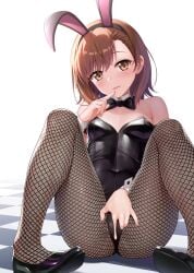 1girls 2020s 2023 :d alternate_costume animal_ears ass bare_shoulders black_bow black_bowtie black_hairband black_leotard blush bow bowtie breasts brown_eyes brown_hair bunnysuit checkered_floor covered_navel denhijou_niki detached_collar fake_animal_ears female finger_to_mouth fishnet_pantyhose fishnets hairband hand_on_own_crotch head_tilt leotard looking_at_viewer m_legs matching_hair/eyes medium_hair misaka_mikoto on_floor open_mouth pantyhose rabbit_ears sitting skin_tight small_breasts smile solo spread_legs teasing teenage_girl teenager thick_thighs thighs to_aru_kagaku_no_railgun to_aru_majutsu_no_index wide_hips wrist_cuffs yellow_eyes young