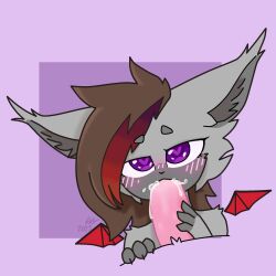 <3_eyes alxdraws ambiguous_gender anthro big_ears blush bodily_fluids brown_hair cum cum_in_mouth cum_inside duo dyed_fur felid feline fellatio fur genital_fluids grey_body grey_fur hair heart hi_res llordlex male mammal oral penile purple_eyes sex wings