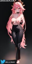 ai_generated arms_behind_back belt black_background black_pants blush breasts choker full_body genshin_impact hair_ornament half-dressed half_naked high-waist_pants large_breasts long_hair looking_at_viewer n_a_me nipples pants pink_hair simple_background smile smiling solo yae_miko